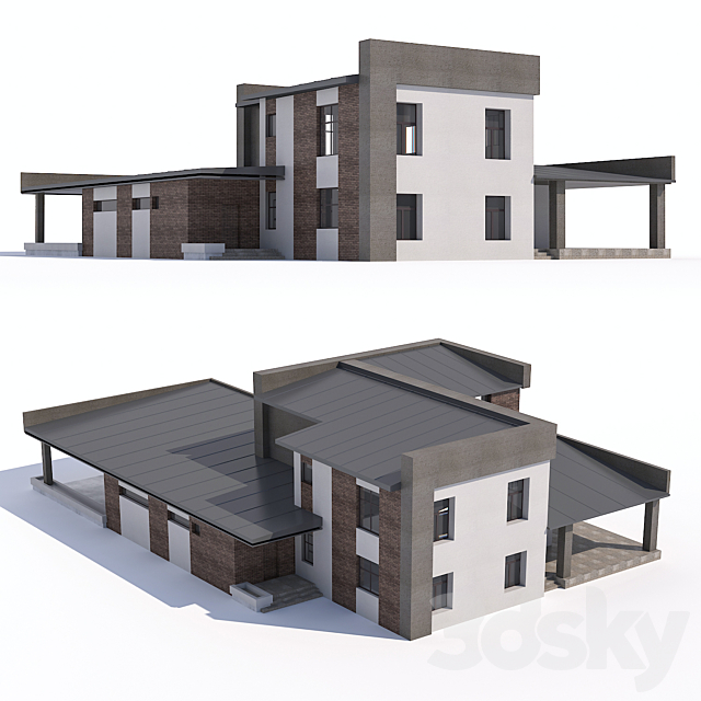 A modern two-storey house with an attached garage and a canopy. 3DS Max Model - thumbnail 2