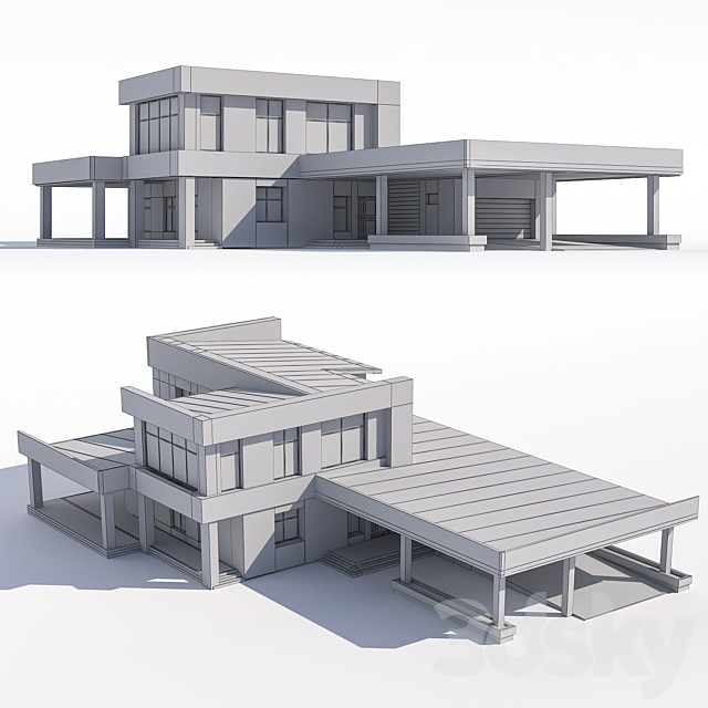 A modern two-storey house with an attached garage and a canopy. 3DS Max Model - thumbnail 3