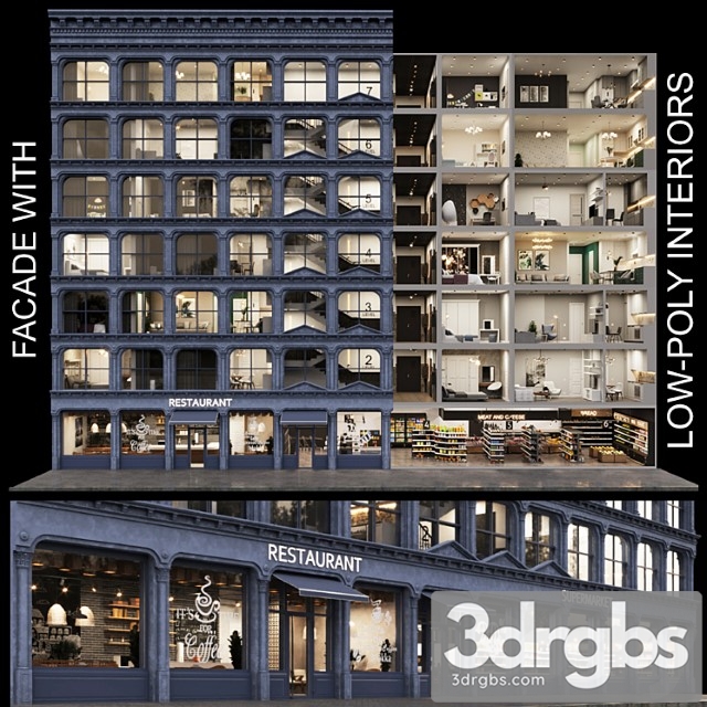 Facade With 20 Residential and Public Low Poly Interiors 1 3dsmax Download - thumbnail 1