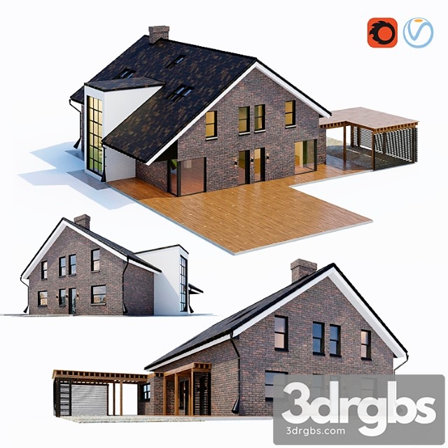 Large Cottage With A Carport 3dsmax Download - thumbnail 1