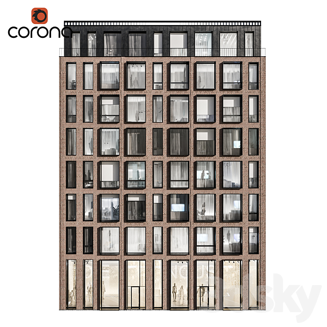 Modern residential facade 01 | night + interiors 3DS Max Model - thumbnail 3