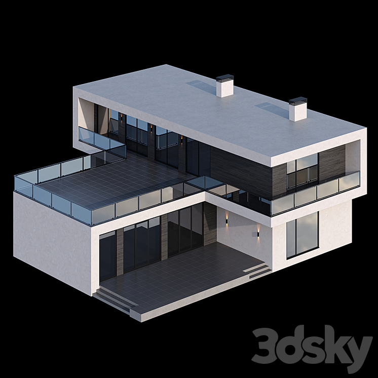 Modern two-storey cottage with a flat roof and a large Bauhaus-style terrace 3DS Max - thumbnail 1