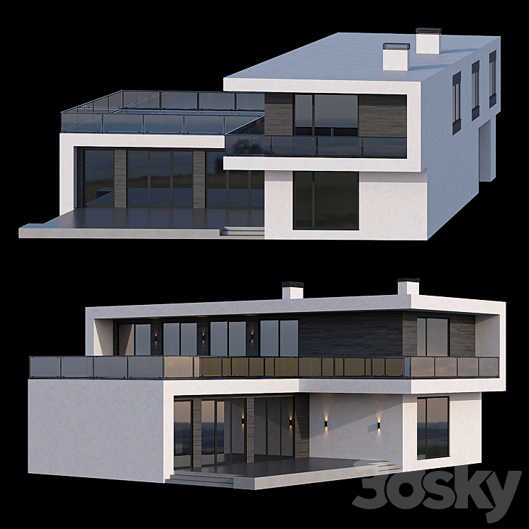 Modern two-storey cottage with a flat roof and a large Bauhaus-style terrace 3DS Max - thumbnail 2