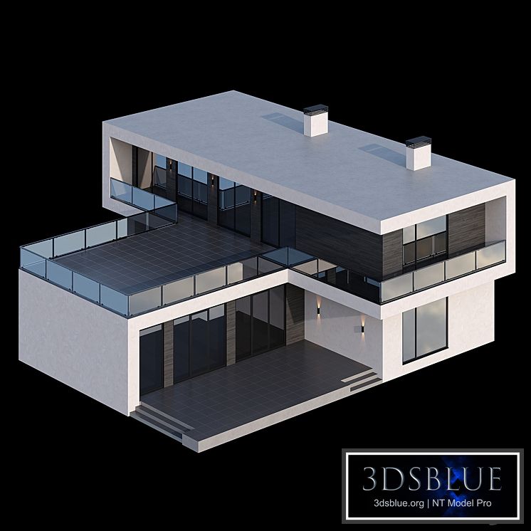 Modern two-storey cottage with a flat roof and a large Bauhaus-style terrace 3DS Max - thumbnail 3