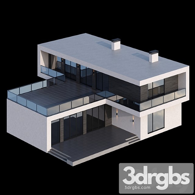Modern two-storey cottage with a flat roof and a large bauhaus-style terrace 3dsmax Download - thumbnail 1
