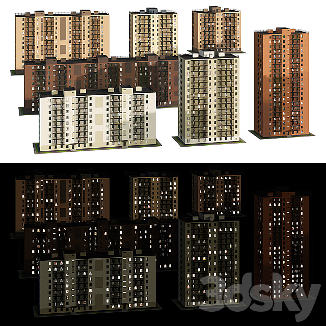 Set of multi-storey houses 2 3DSMax File - thumbnail 1