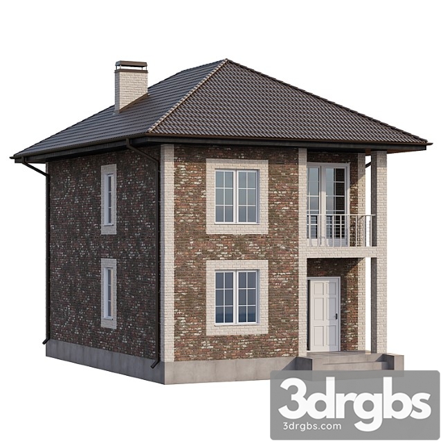 Two-storey brick house with a porch and a balcony – 4 colors 3dsmax Download - thumbnail 1