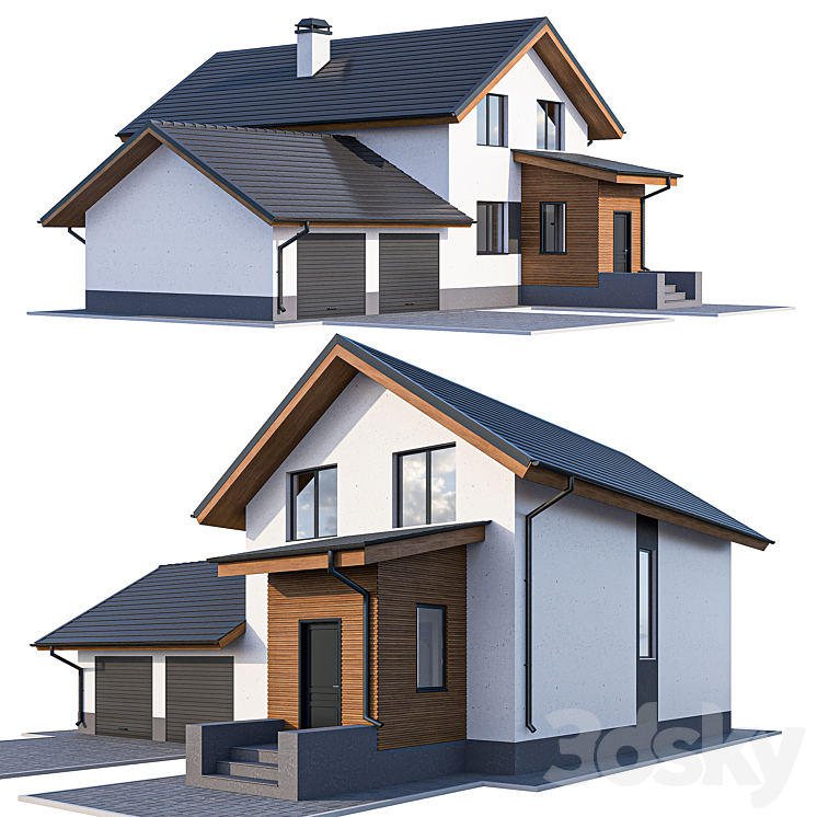 Two-storey cottage with a garage and a vestibule 3DS Max - thumbnail 1