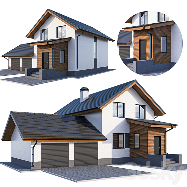 Two-storey cottage with a garage and a vestibule 3DS Max - thumbnail 2