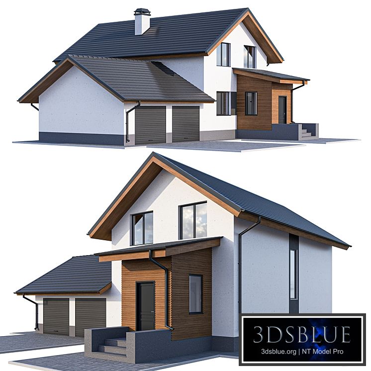 Two-storey cottage with a garage and a vestibule 3DS Max - thumbnail 3