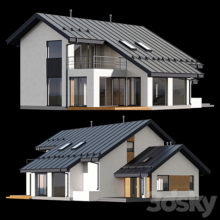 Two-storey cottage with click seam roof 3DS Max - thumbnail 1