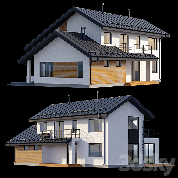 Two-storey cottage with click seam roof 3DS Max - thumbnail 2