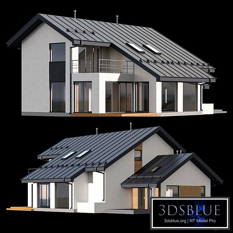 Two-storey cottage with click seam roof 3DS Max - thumbnail 3