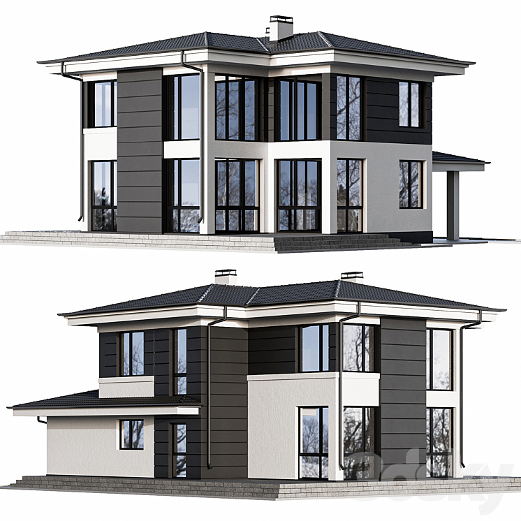 Two-storey cottage with panoramic windows 3DS Max - thumbnail 1