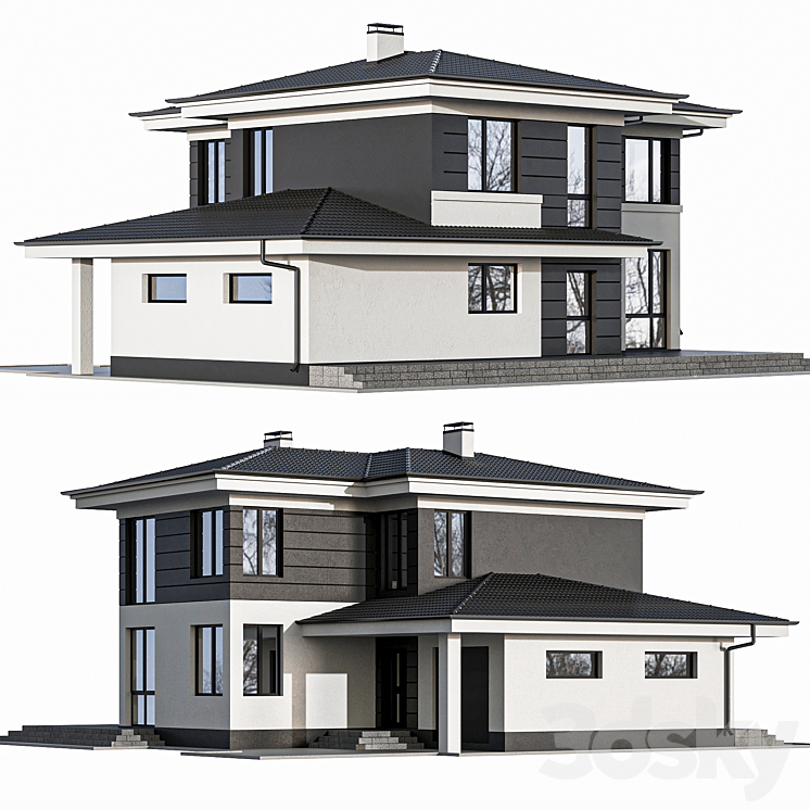 Two-storey cottage with panoramic windows 3DS Max - thumbnail 2