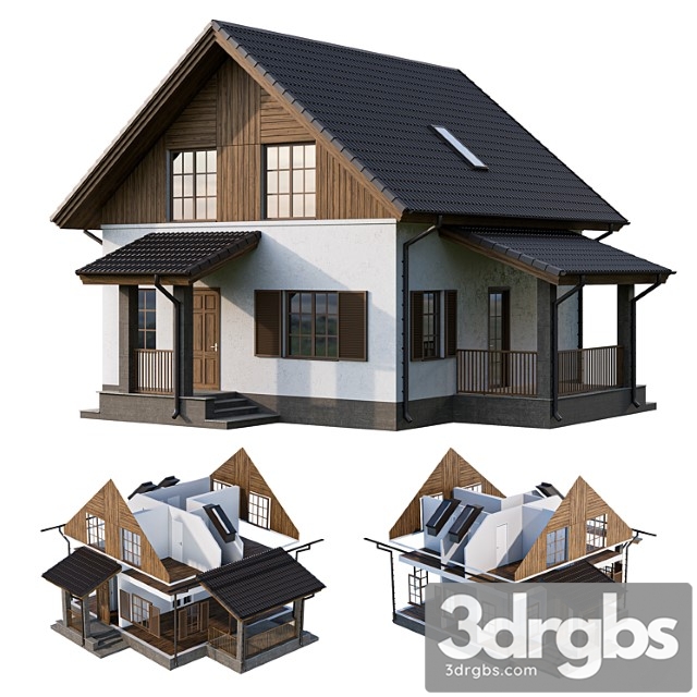 Two-storey country house with a porch and a terrace 3dsmax Download - thumbnail 1