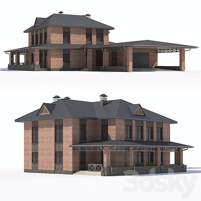 Two-storey country house with attached garage and a canopy 3ds Max - thumbnail 1