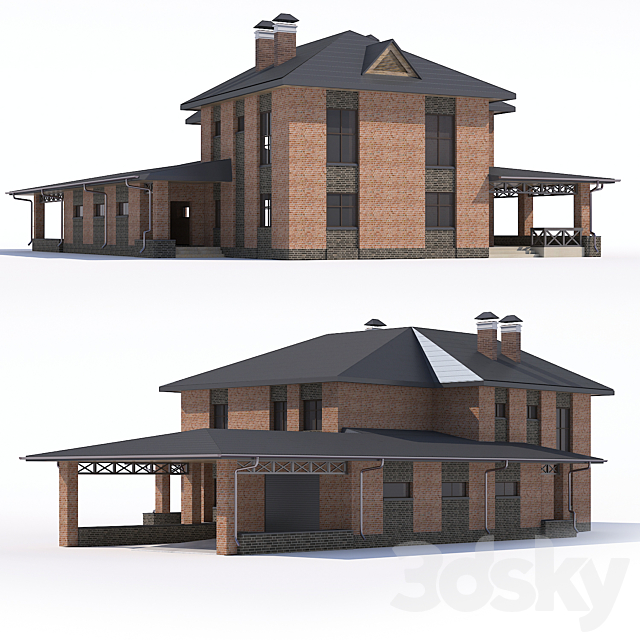 Two-storey country house with attached garage and a canopy 3ds Max - thumbnail 2