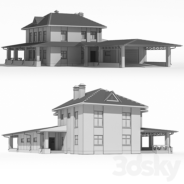 Two-storey country house with attached garage and a canopy 3ds Max - thumbnail 3