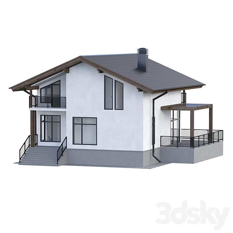 Two-storey house with a terrace 3DS Max - thumbnail 1