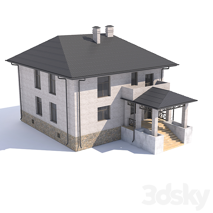 Two-storey house with balcony. 3DS Max - thumbnail 2