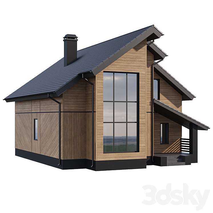 Two-storey wooden house with a complex pitched roof 3DS Max - thumbnail 1