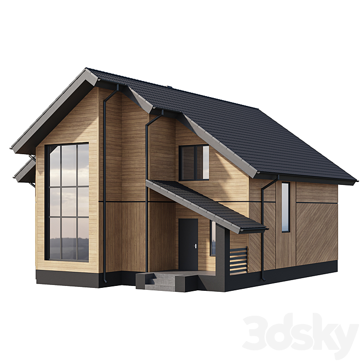 Two-storey wooden house with a complex pitched roof 3DS Max - thumbnail 2