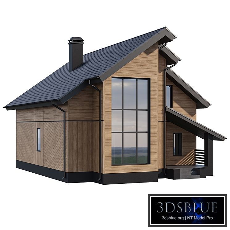 Two-storey wooden house with a complex pitched roof 3DS Max - thumbnail 3