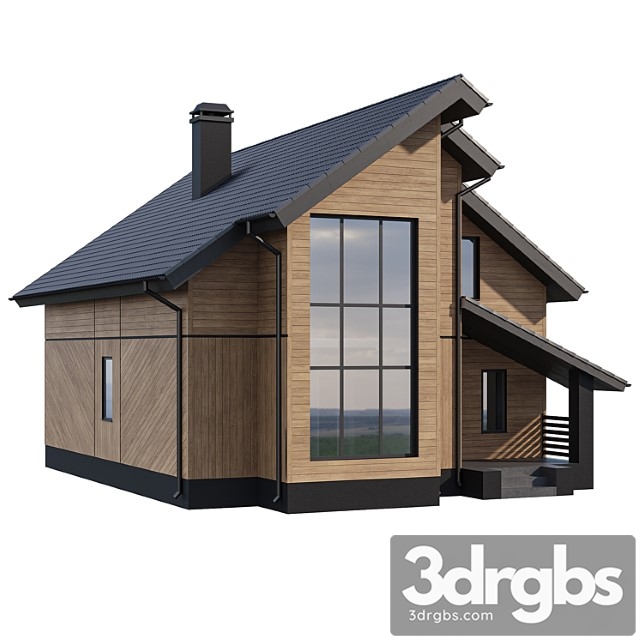 Two-storey wooden house with a complex pitched roof 3dsmax Download - thumbnail 1