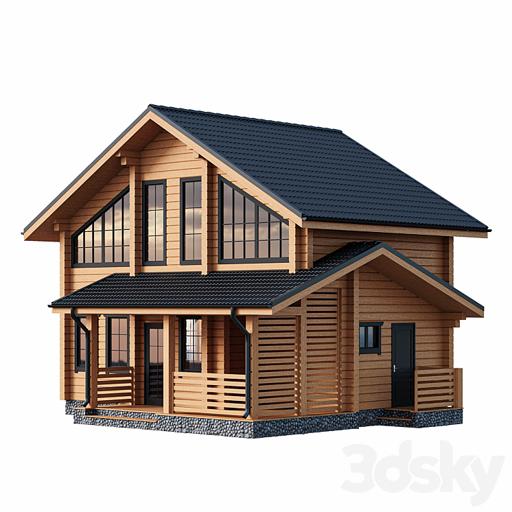 Two-storey wooden house with a porch 3DS Max - thumbnail 1