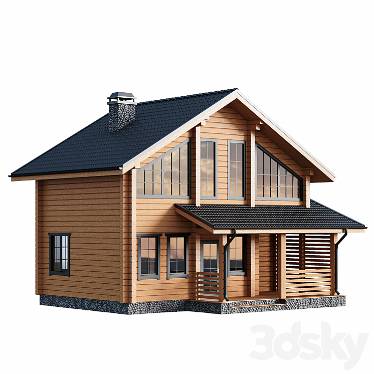 Two-storey wooden house with a porch 3DS Max - thumbnail 2