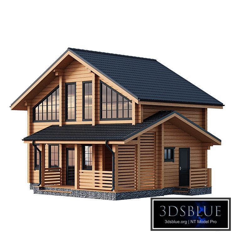 Two-storey wooden house with a porch 3DS Max - thumbnail 3