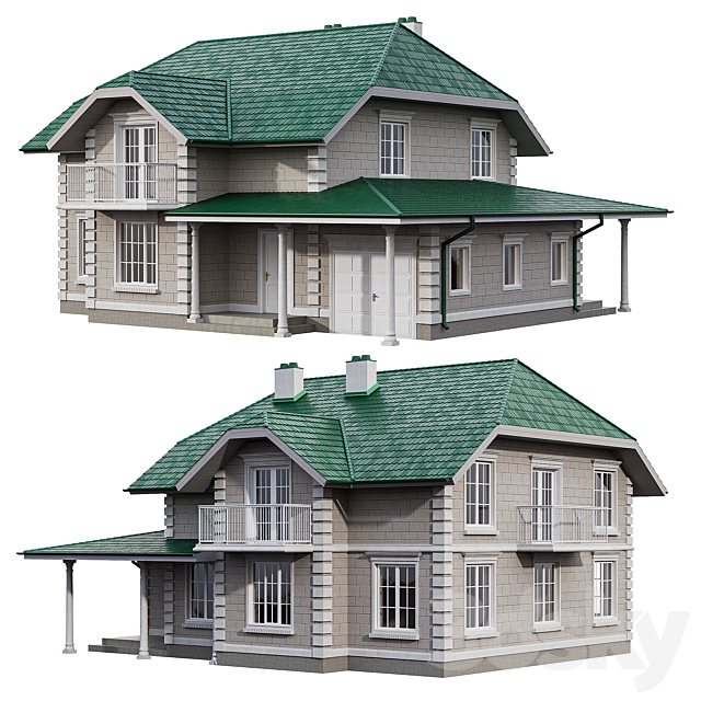 Two-story house in a classic style with facade stucco and columns 3DS Max Model - thumbnail 2