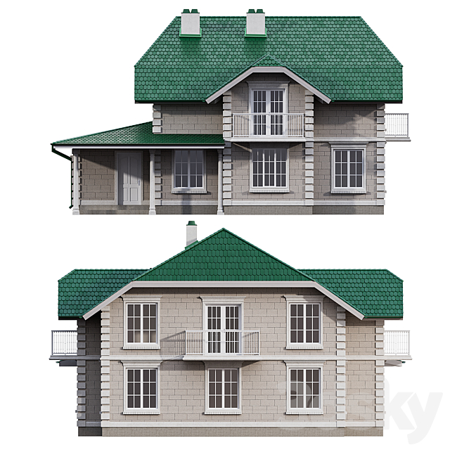 Two-story house in a classic style with facade stucco and columns 3DS Max Model - thumbnail 6