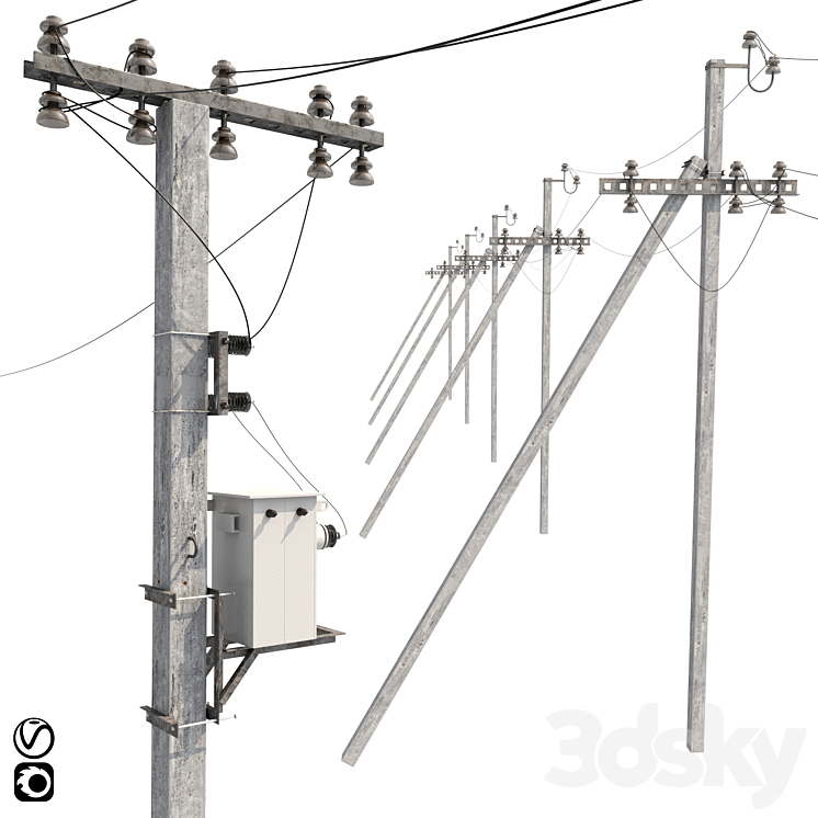 Concrete electricity transmission poles with wires 3DS Max - thumbnail 1