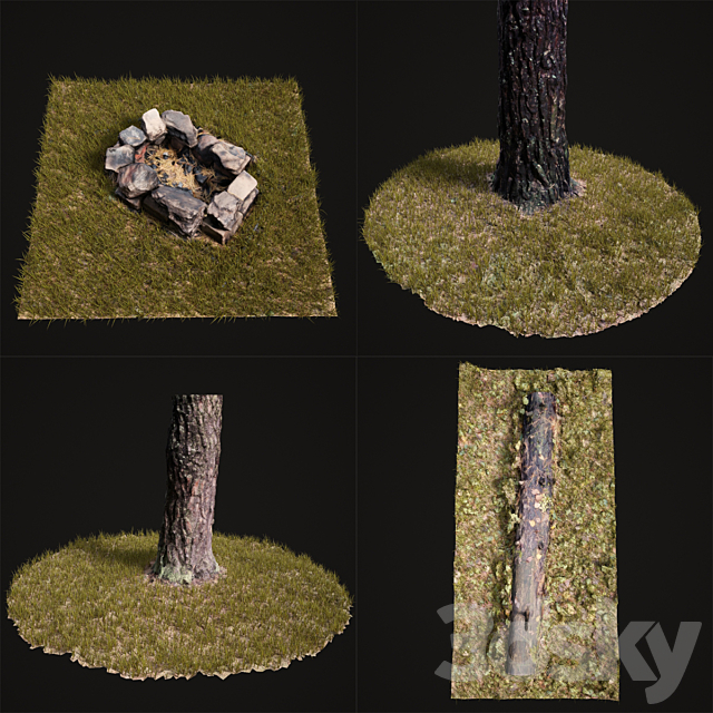 Fireplace tree trunks logs grass 3ds Max - thumbnail 1