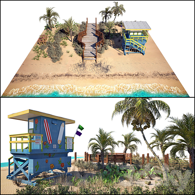 Ocean Beach set and Miami Lifeguard Hut 3DSMax File - thumbnail 1