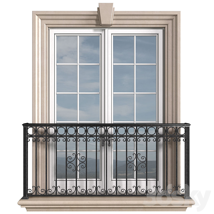 Classical front window with a French balcony.Classical Forged Fence. frame window 3DS Max Model - thumbnail 1