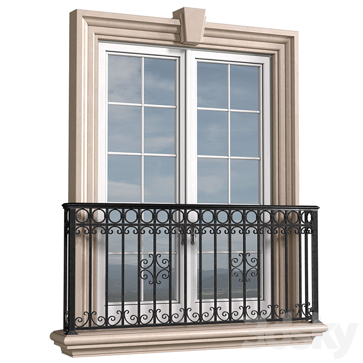 Classical front window with a French balcony.Classical Forged Fence. frame window 3DS Max Model - thumbnail 2
