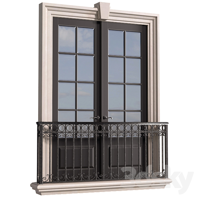 Classical front window with a French balcony.Classical Forged Fence. frame Window 3ds Max - thumbnail 1