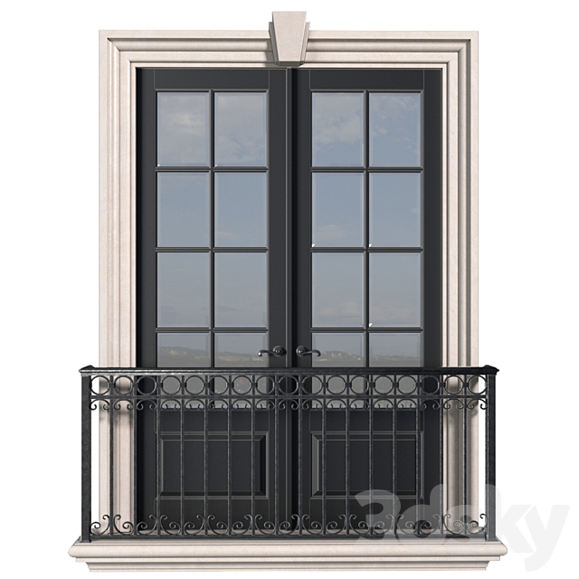 Classical front window with a French balcony.Classical Forged Fence. frame Window 3ds Max - thumbnail 2