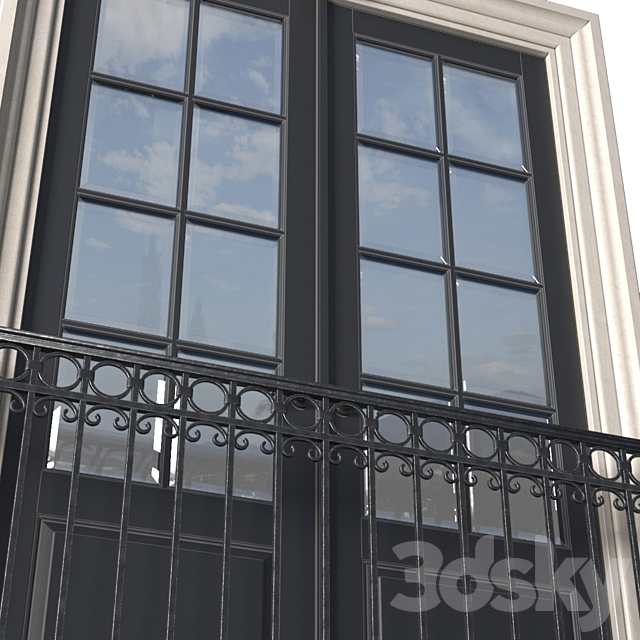 Classical front window with a French balcony.Classical Forged Fence. frame Window 3ds Max - thumbnail 3