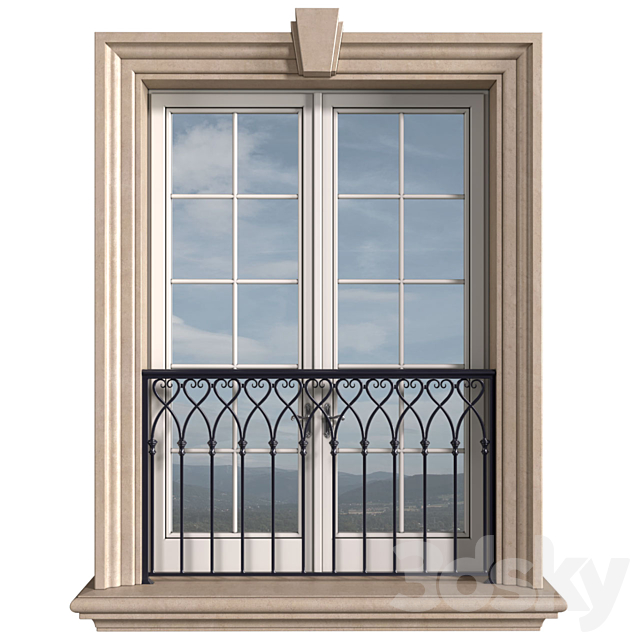 Classical front window with a French balcony.Classical Forged Fence. frame window 3ds Max - thumbnail 1