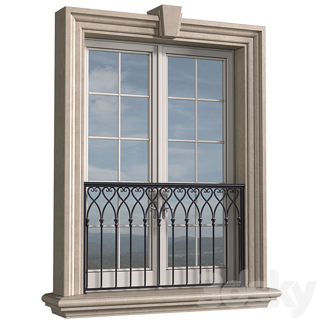 Classical front window with a French balcony.Classical Forged Fence. frame window 3ds Max - thumbnail 2