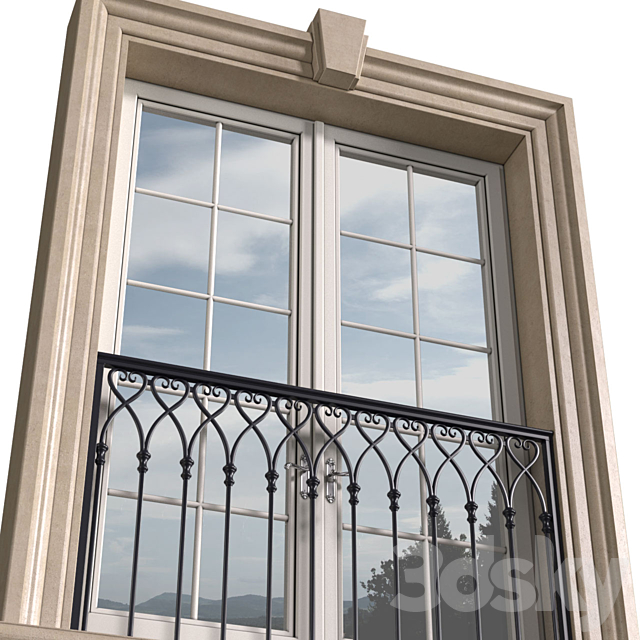 Classical front window with a French balcony.Classical Forged Fence. frame window 3ds Max - thumbnail 3