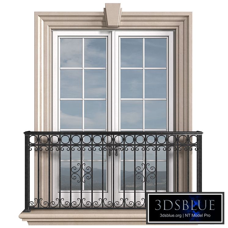 Classical front window with a French balcony.Classical Forged Fence. frame window 3DS Max - thumbnail 3