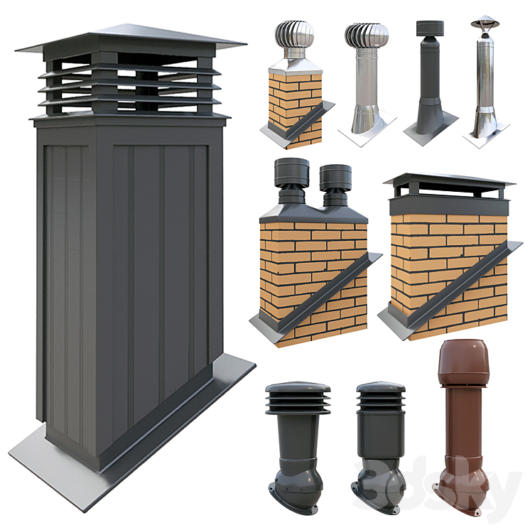 Ventilation pipes and chimneys on the roof 3DS Max - thumbnail 1