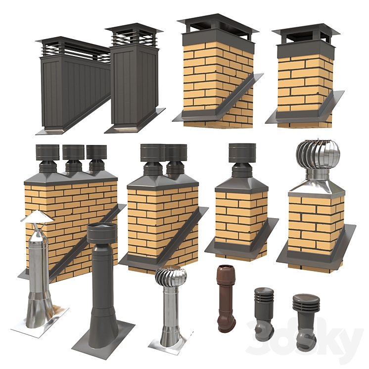 Ventilation pipes and chimneys on the roof 3DS Max - thumbnail 2