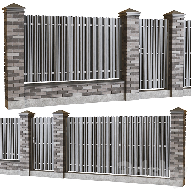 Brick fence with euro picket fence 3ds Max - thumbnail 1