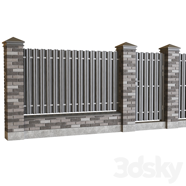 Brick fence with euro picket fence 3ds Max - thumbnail 2